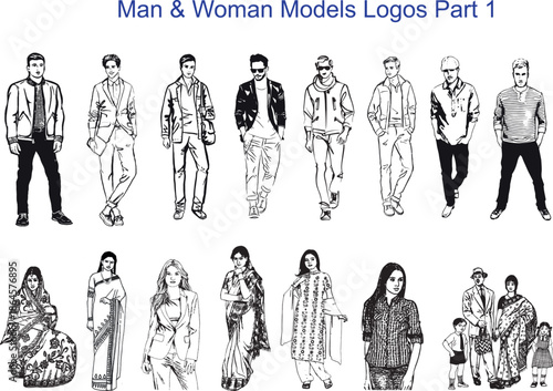 Diverse fashion models line art collection isolated on white background, Vector