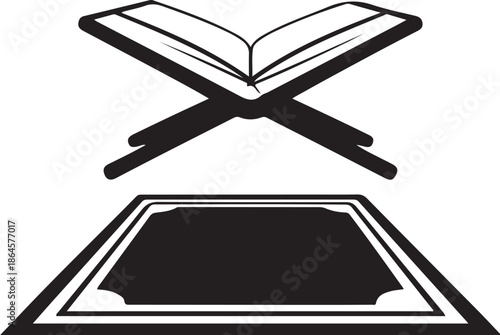 Open book with crossed quill pens on a rectangular base