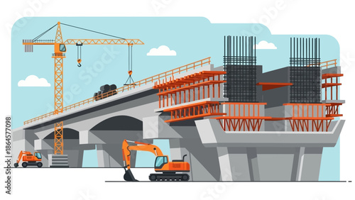 Construction of a large bridge, including a crane, excavator, and construction workers, illustrating infrastructure development and urban progress