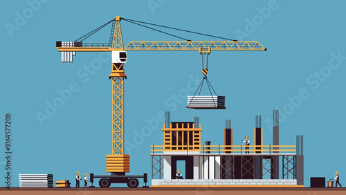 Construction site with a tall crane lifting concrete blocks, workers and a building under development on a clear sky background