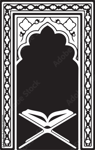 Black and white of an open book with an ornate frame