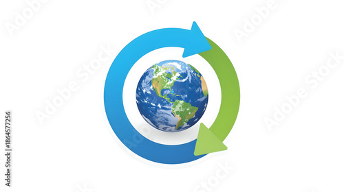 Blue And Green Arrows Forming A Circle Around A Detailed Globe Showing Continents And Oceans Isolated On White