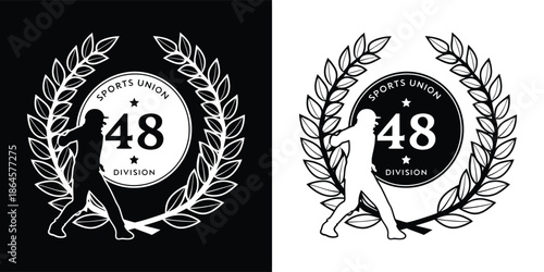 Classic baseball logo with a batter silhouette, number 48, and laurel wreath, representing a sports union or team emblem design