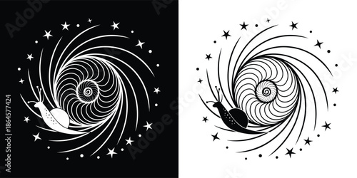 Mystical snail with a spiral shell and celestial stars, surrounded by swirling lines, black and white cosmic illustration