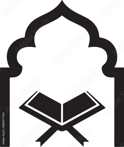 Black and white Islamic architecture with open book symbol