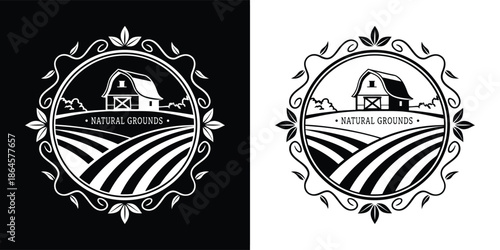 Rural farm village emblem with barn and cultivated fields inside a decorative circular frame, black and white vector illustration