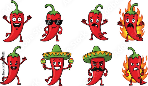 cute chili pepper characters set with different emotions illustration, spicy food mascot cartoons, funny mexican pepper icons isolated white background
