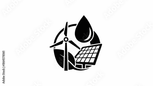 Renewable Energy Sources - Wind Turbine, Solar Panel, and Water Drop Icon.