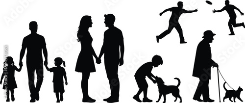 Technical fashion flat sketches of shorts and joggers alongside multi-generational family silhouettes 