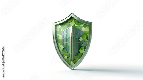 Green Shield With Modern Skyscraper Building Inside On White Background Studio Lighting
