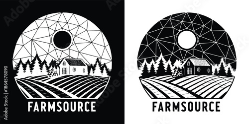 Farmsource logo featuring a rural landscape with a house, trees, and cultivated fields, integrated with a modern network pattern and central circle