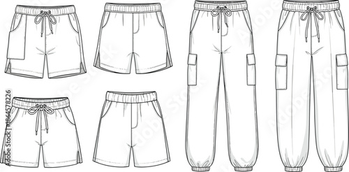 Technical flat sketch of men and women drawstring shorts and cargo jogger pants fashion template for apparel design and tech pack.