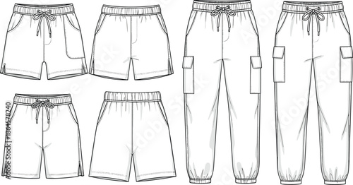 Technical flat sketch set of men and women drawstring shorts and cargo jogger pants with pockets for fashion design template.