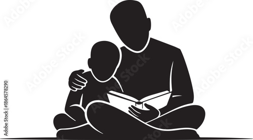 Black silhouette of and child reading book together
