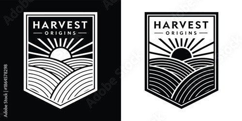 Harvest origins emblem featuring a rising sun over rolling agricultural fields, presented in a vintage monochrome line art style for branding