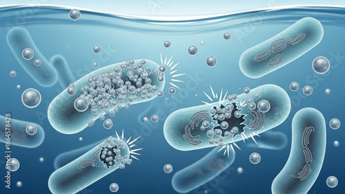 Microscopic view of bacteria cells in water with bubbles and detailed structures visible with microorganisms and biology and medical and science with research