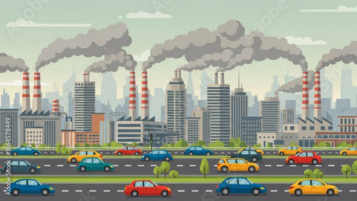 A busy city street with a lot of cars and industrial buildings in the background emitting smoke, depicting a typical urban environment with traffic with climate