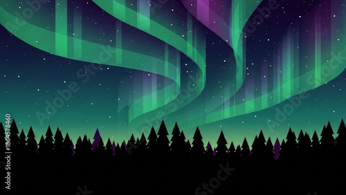 Vibrant green and purple aurora borealis swirling above a silhouette of coniferous trees under a starry night sky with a gradient of blue and green hues