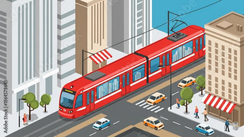 Red modern tram or streetcar traveling down a city street with tall buildings and busy traffic with urban and transportation and public transit with cityscape