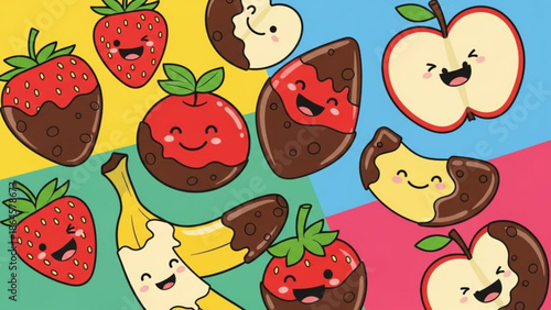 Colorful cartoon illustration of smiling fruits dipped in chocolate on multicolored background, including strawberries, banana, and apple, for food with dessert