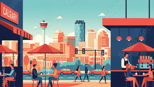 Vibrant illustration of people enjoying outdoor cafe on calgary street with cityscape and tower in background, modern urban lifestyle scene with colorful