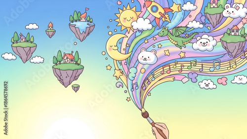 Whimsical fantasy landscape with floating islands, smiling sun, crescent moon, stars, clouds, houses, trees, rainbow colored bridge, music notes, teddy