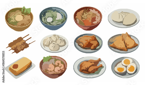 Realistic Watercolor Asian Cuisine Food Vector Set Isolated on White