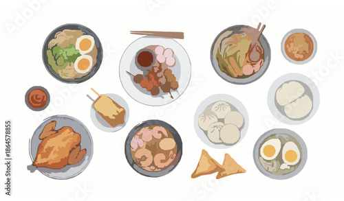 Soft Watercolor Asian Food Illustrations for Restaurant Menu Design