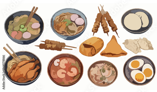 Artistic Watercolor Asian Cuisine Vector Illustrations for Gourmet Food Design