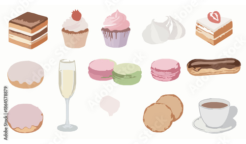 Elegant Watercolor French Pastry and Dessert Vector Set for Wedding Celebrations