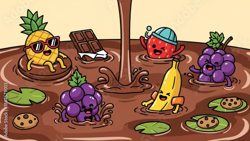 Cartoon fruit characters playfully submerged in chocolate sauce with cookies and chocolate bar, whimsical dessert scene with smiling pineapple with sweet
