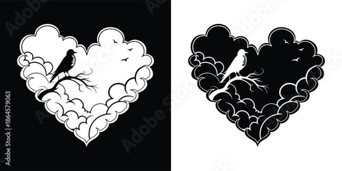 Stylized heart shape formed by clouds with a bird perched on a branch, presented in contrasting black and white graphic illustrations