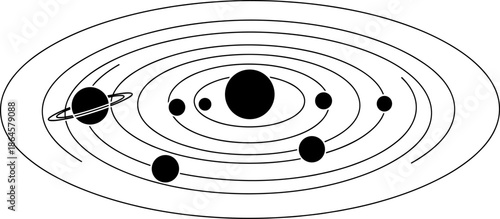 Stylized solar system vector, black and white planetary orbit diagram, astronomy concept illustration, space science icon, educational celestial layout design