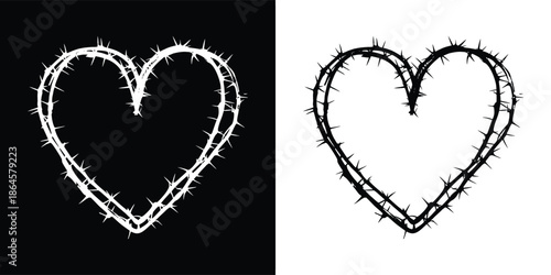 Barbed wire heart shape illustration in black and white, symbolizing love, pain, and emotional struggle with a grunge aesthetic