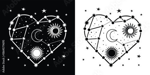 Celestial heart constellation with sun and moon symbols, cosmic love and spiritual connection, isolated on white background