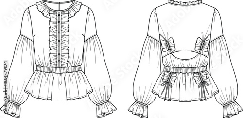 Women blouse fashion technical sketch front and back view detailed line art vector illustration for apparel design production template