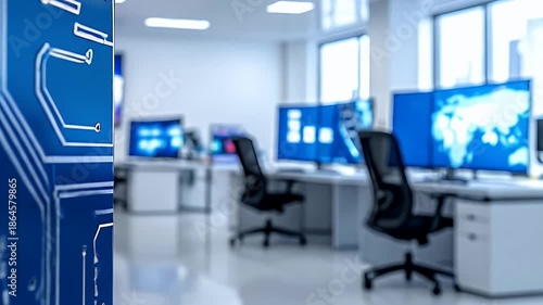 Modern technology office with global data displays and circuit board foreground.