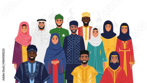 Diverse Muslim Group Traditional Clothing Culture.