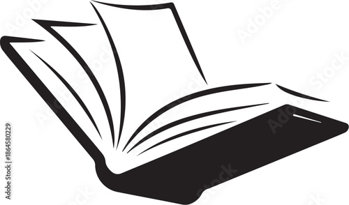 Open book with pages fanned out in black and white