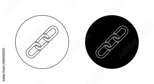 Chain outline icon in black circle. Link, connection, and attachment symbol