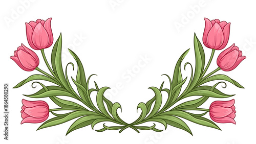 Floral Decoration, Pink Tulips, Botanical Design, Digital Illustration, Nature Vibe, Top View, Whimsical Charm