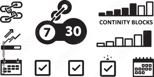 Business productivity and planning icons in black and white