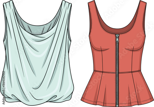 Women sleeveless tops fashion illustration draped blouse and peplum zip top vector apparel design modern casual clothing style concept template