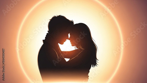 A tender silhouette of a loving couple embracing intimately, their faces close against a radiant circular glow of warm orange light.