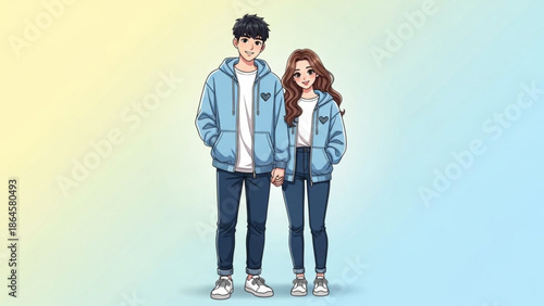 A charming full-body cartoon illustration features a young Asian couple holding hands, both wearing matching blue hoodies and dark jeans.