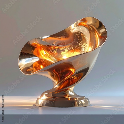 Glossy, abstract gold sculpture with intricate spiral details