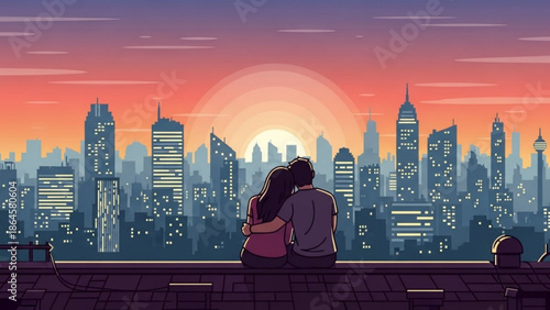 A warm anime-style illustration from behind shows a couple hugging on a rooftop, overlooking a vibrant city skyline during a beautiful sunset.