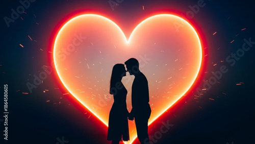 A stunning silhouette captures a couple facing each other, intimately close, against a vibrant glowing neon heart emanating sparkling particles.