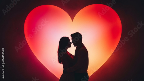 A romantic silhouette features a couple in a loving embrace against a large, beautifully glowing red heart, symbolizing deep affection.