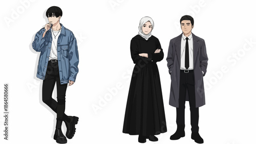Diverse Characters in Modern Attire - A Study in Style and Representation.